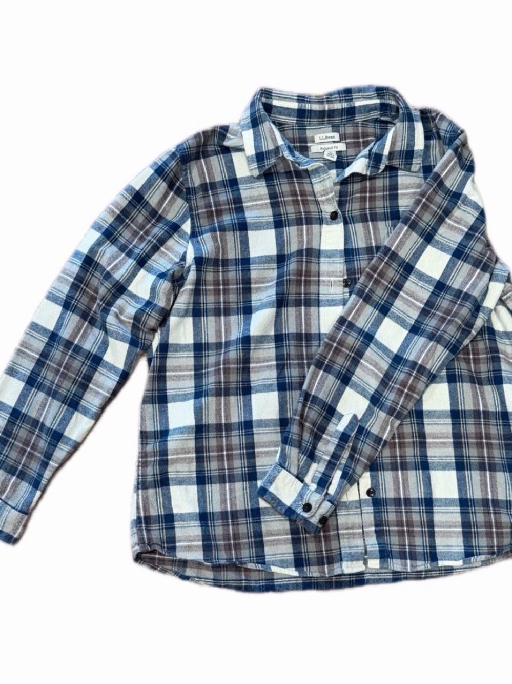 L.L. Bean Blue, White & Brown Plaid Button-Up Shirt